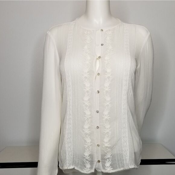 Zara Woman White Embroidered Sheer Button Up Blouse Size S - Picture 11 of 11